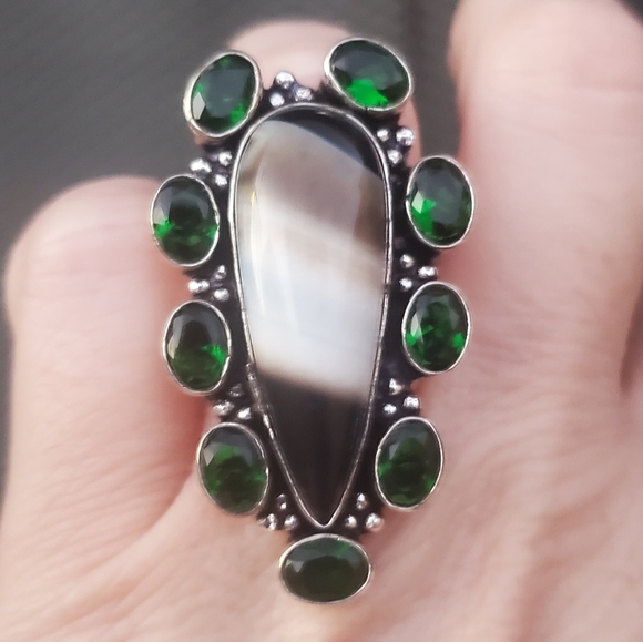 New Oversized Banded Agate & Peridot 925 Silver Statement Ring. - Picture 2 of 14